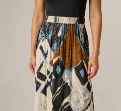 Printed Side Slit A Line Midi Skirt In Blue Diamond Tiki