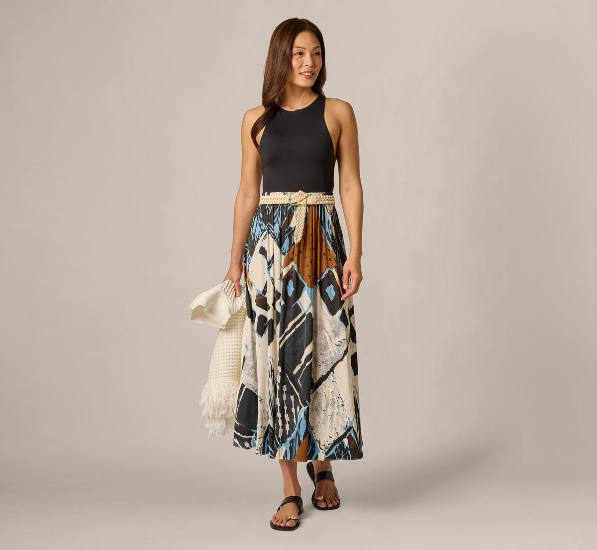 Printed Side Slit A Line Midi Skirt In Blue Diamond Tiki