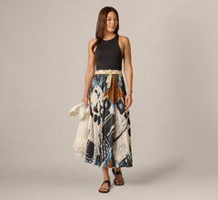 Printed Side Slit A Line Midi Skirt In Blue Diamond Tiki