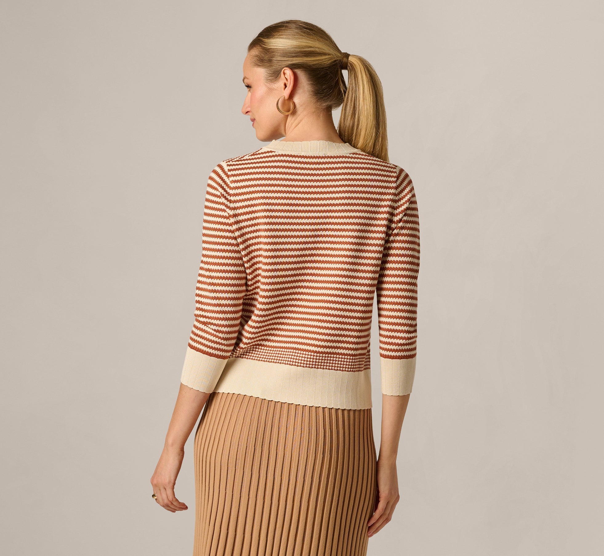 Three Quarter Sleeve Stripe Knit Sweater Top In Cream Mocha Bisque