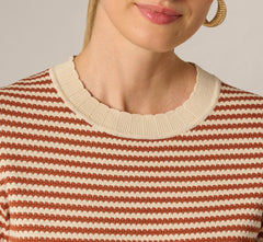 Three Quarter Sleeve Stripe Knit Sweater Top In Cream Mocha Bisque