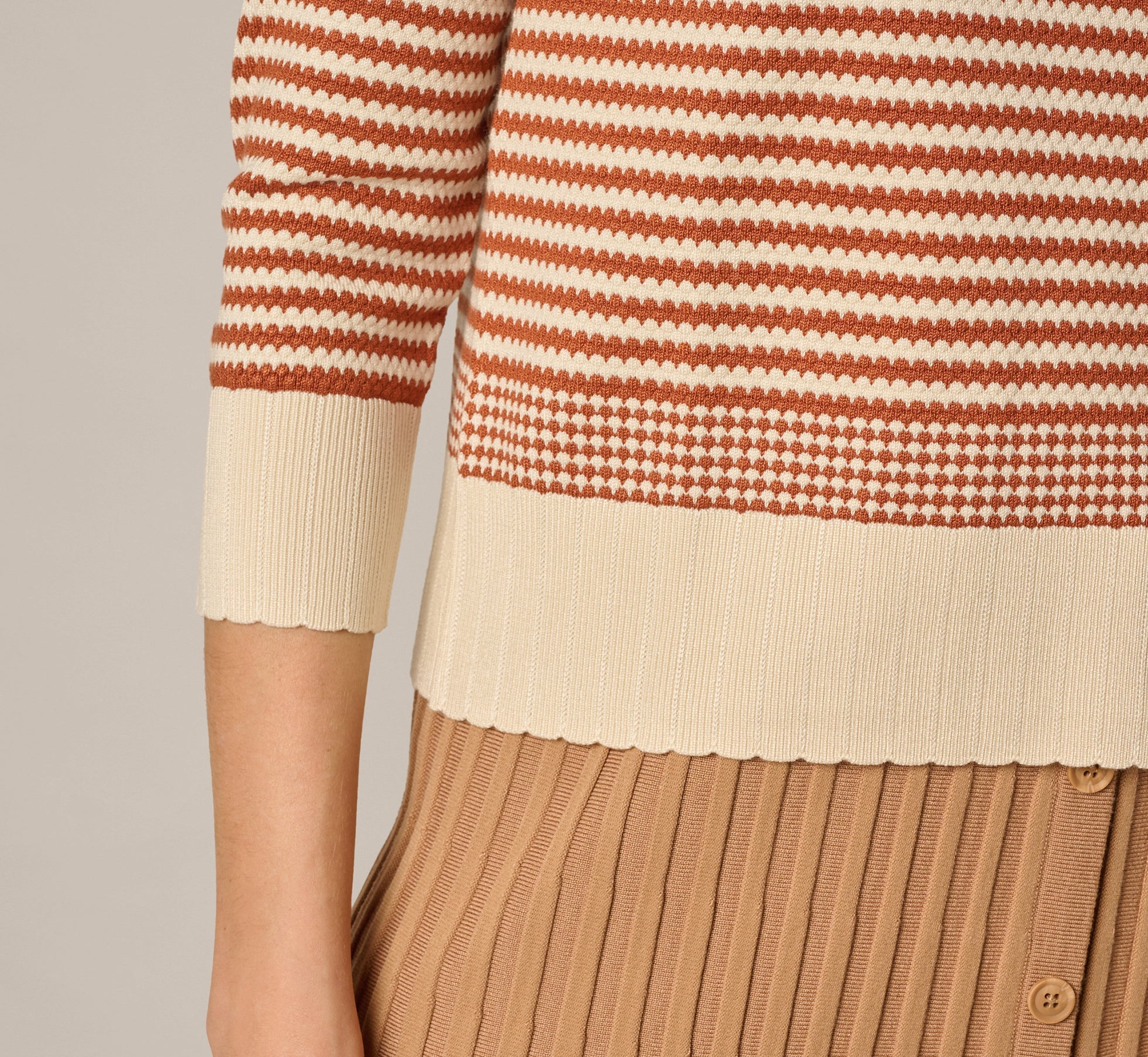 Three Quarter Sleeve Stripe Knit Sweater Top In Cream Mocha Bisque