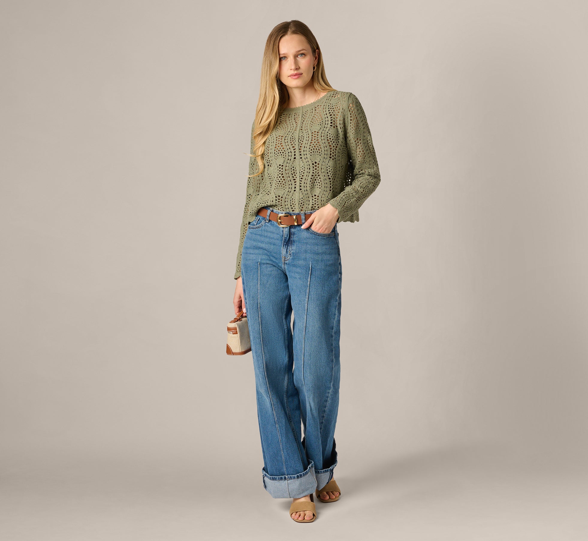 Long Sleeve Open Crochet Sweater In Sage Moss