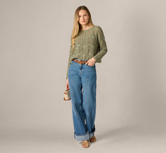 Long Sleeve Open Crochet Sweater In Sage Moss