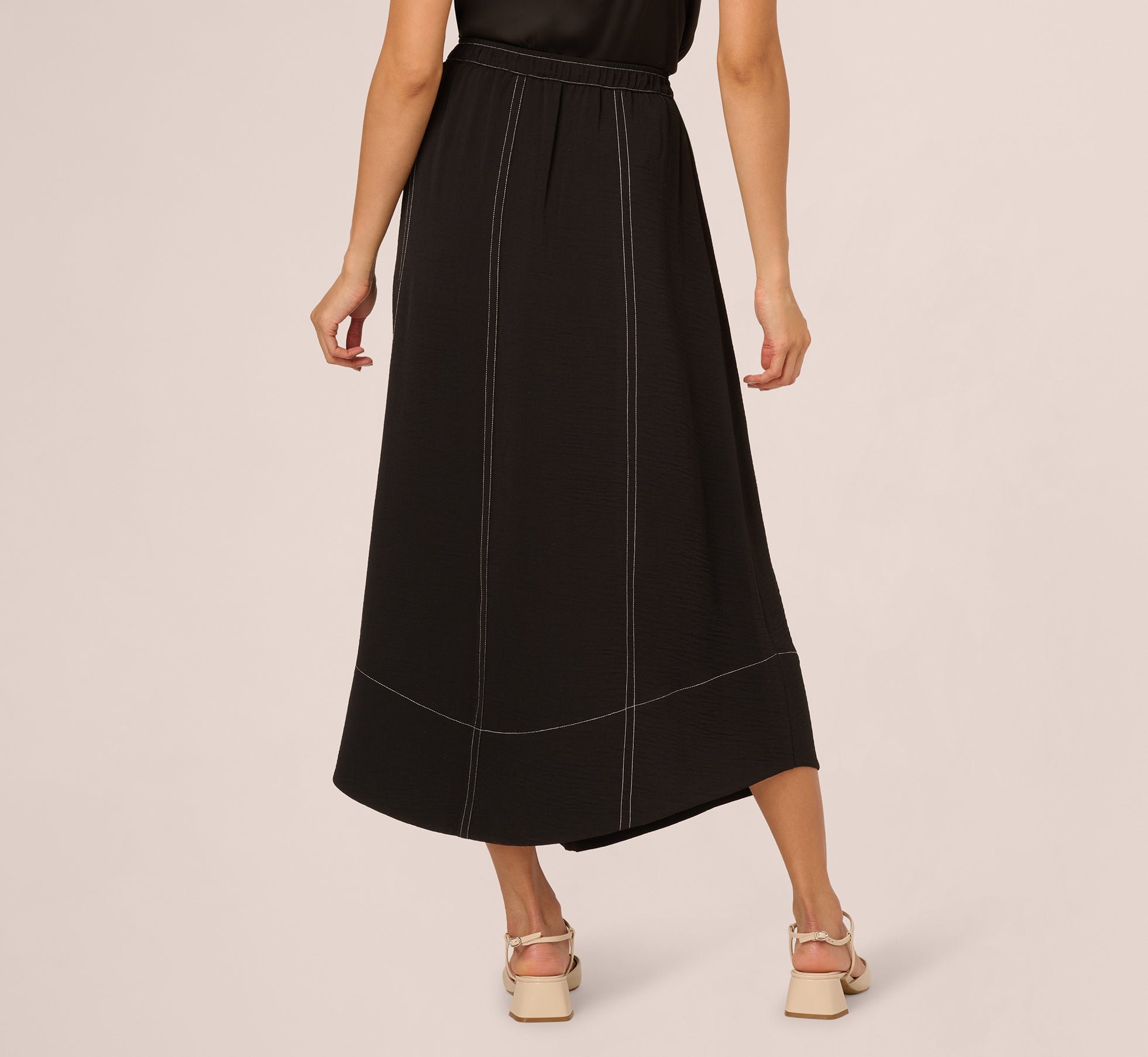 Contrast Stitching A Line Midi Skirt In Black Ivory