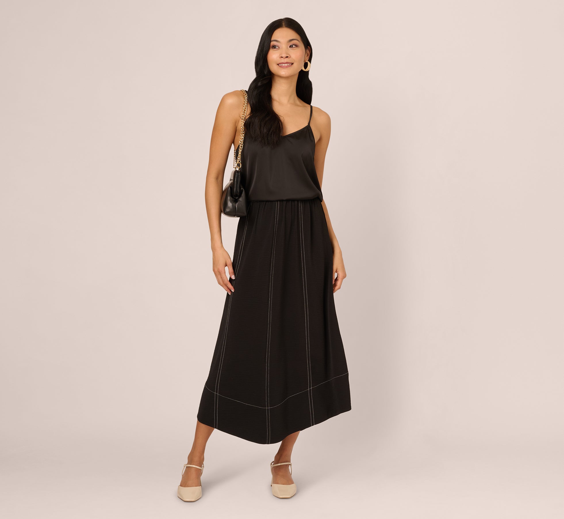 Contrast Stitching A Line Midi Skirt In Black Ivory