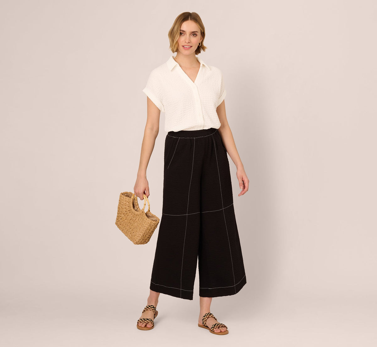Contrast Stitching Crinkle Midi Pant In Black Ivory