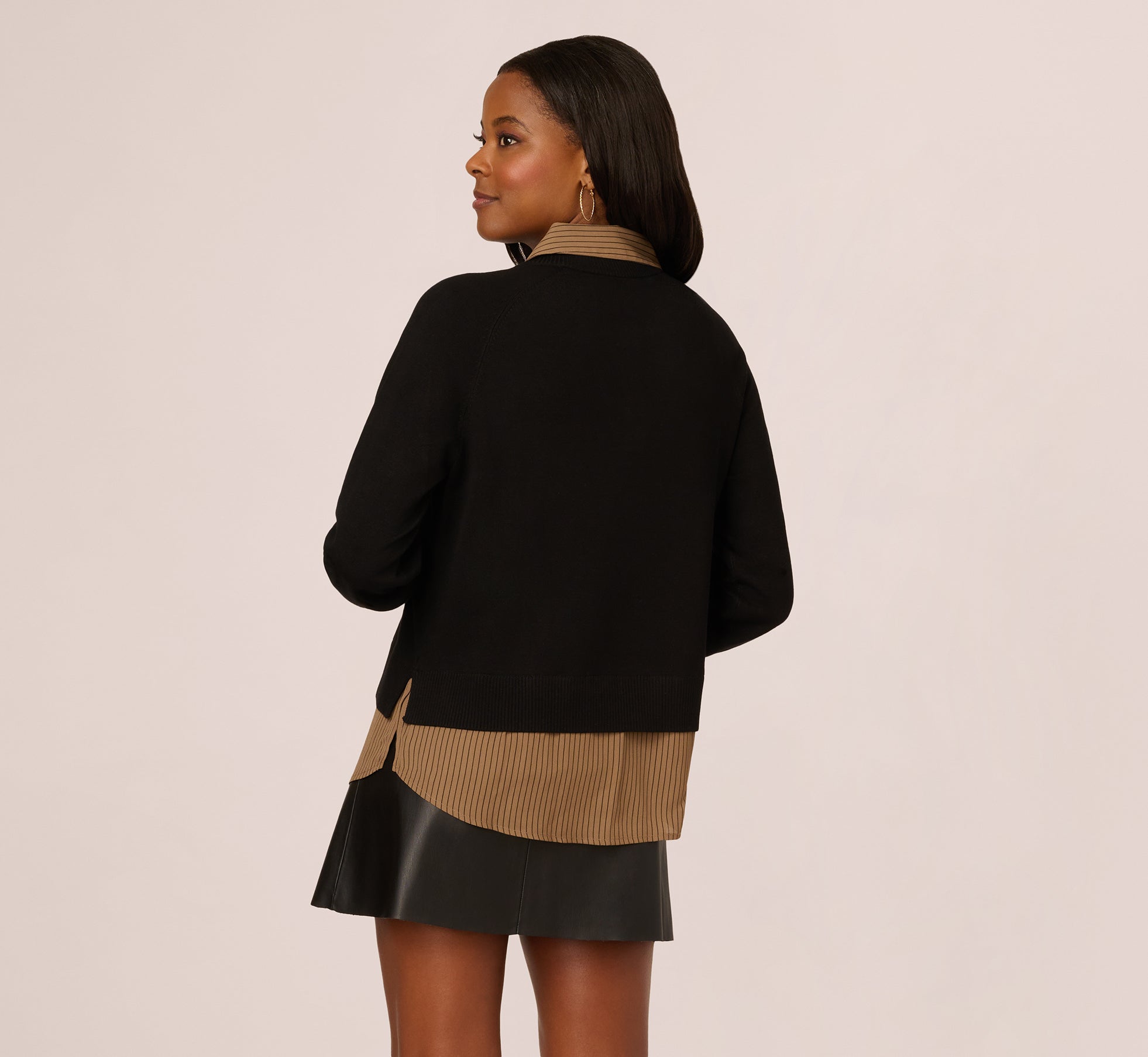 Long Sleeve Collared Printed Twover Sweater In Black W  Mocha Petite Stripe