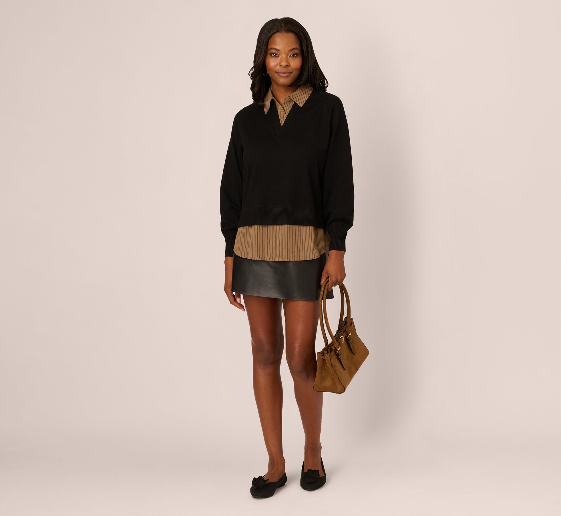 Long Sleeve Collared Printed Twover Sweater In Black W  Mocha Petite Stripe