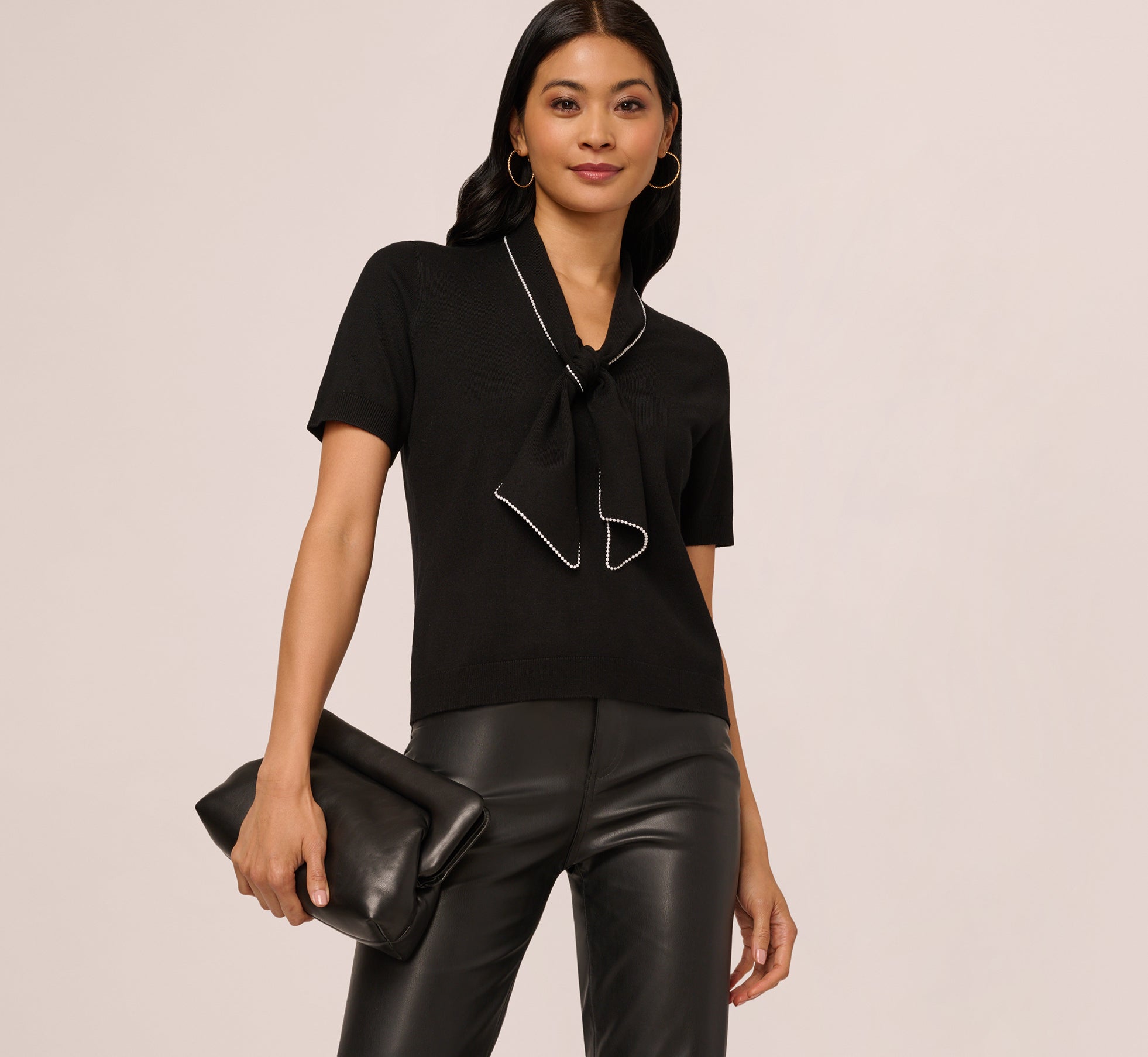 Short Sleeve Pearly Tie Neck Knit Top In Black