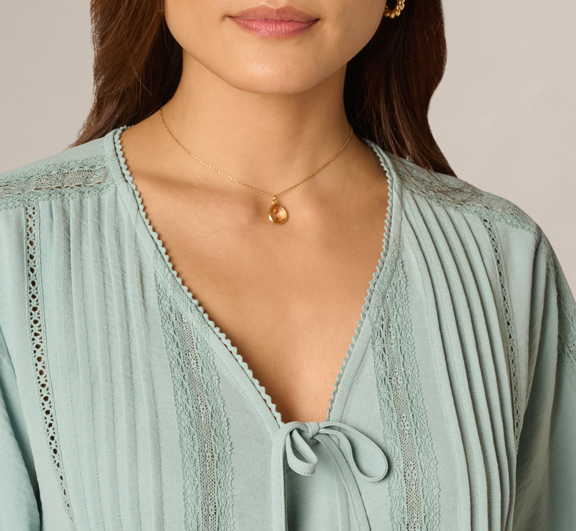 Short Sleeve Pintuck Lace Tie Front Top In Dusty Seamist