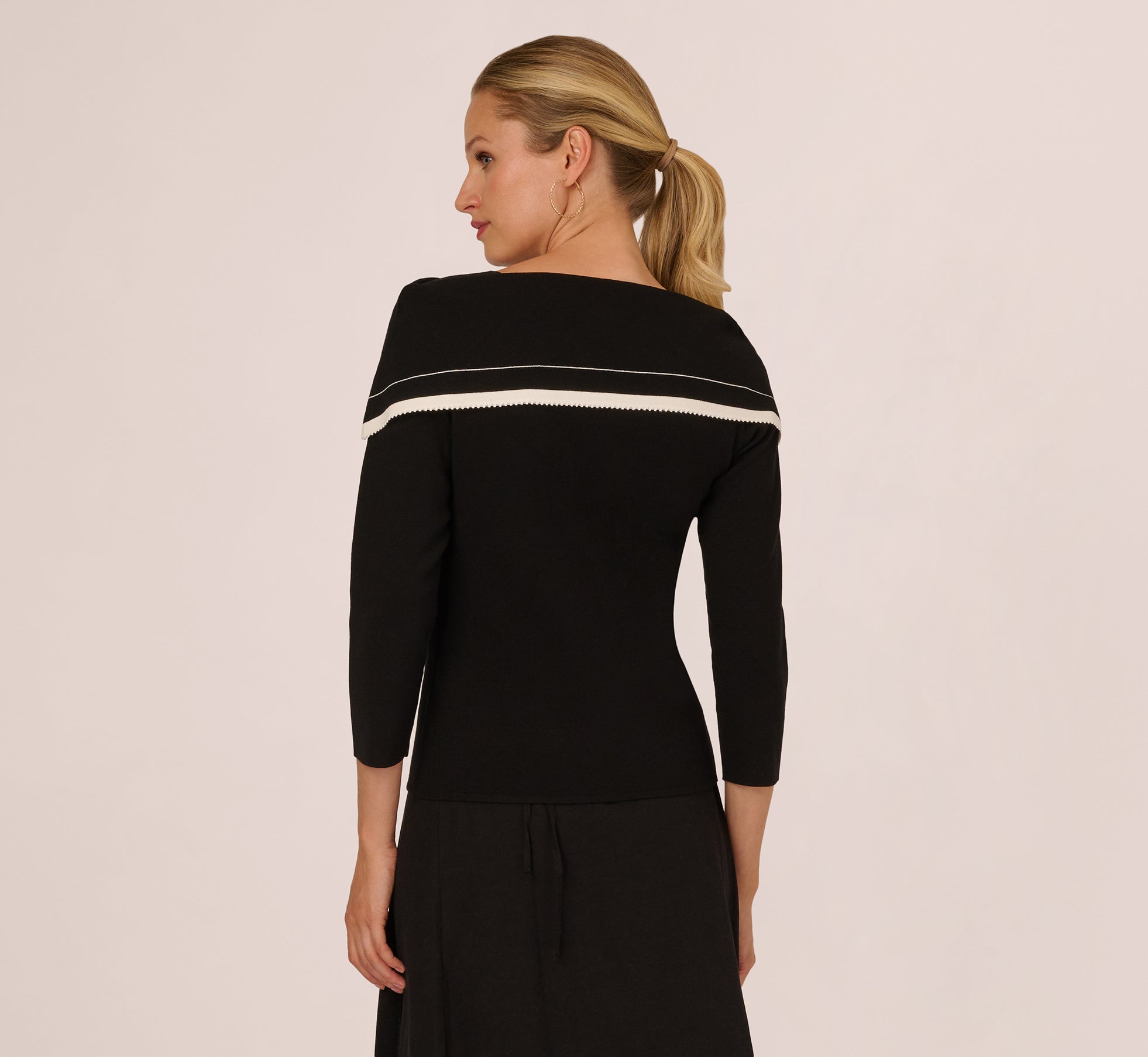 Off Shoulder Bow Collar Sweater In Black Ivory
