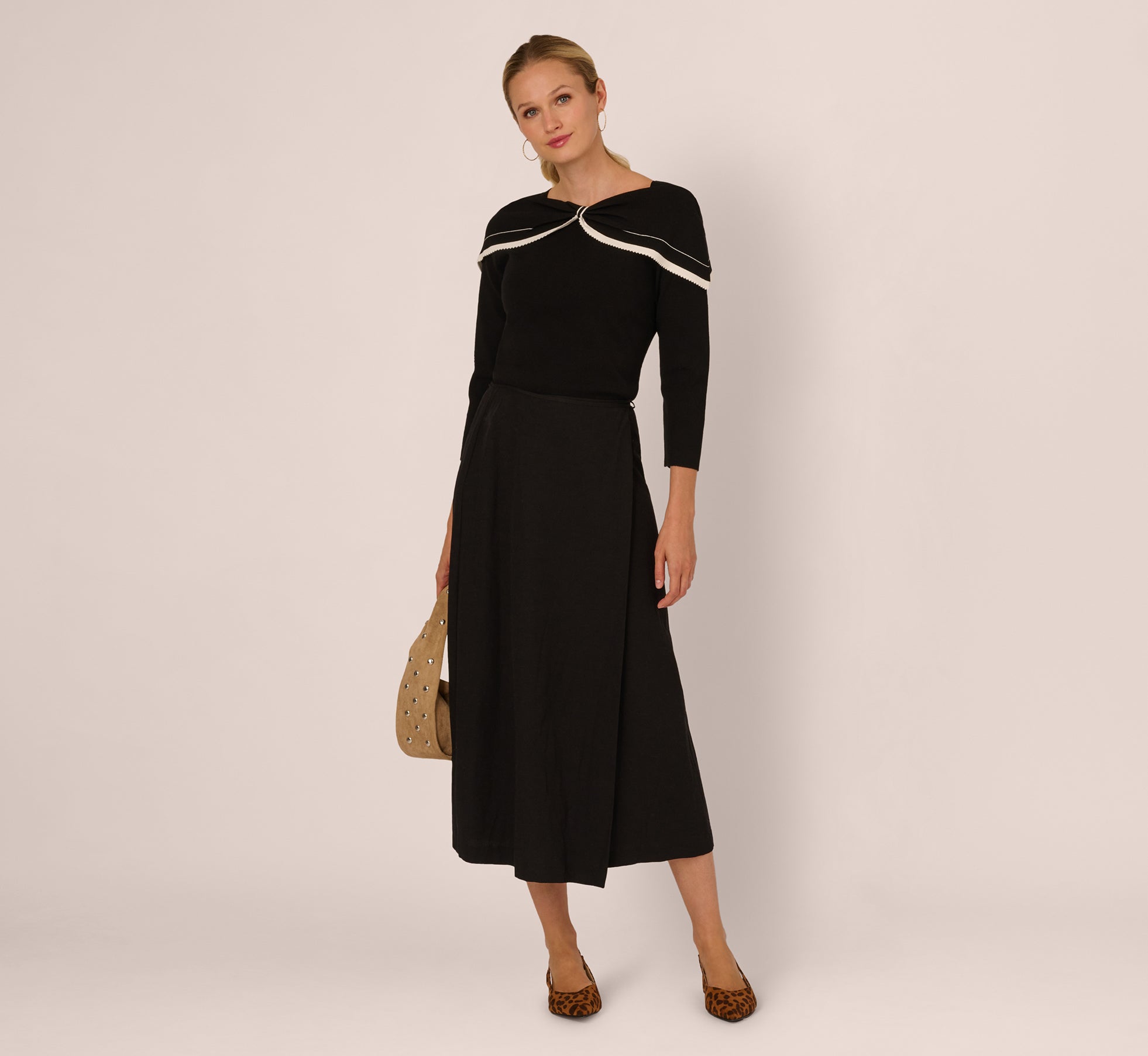 Off Shoulder Bow Collar Sweater In Black Ivory