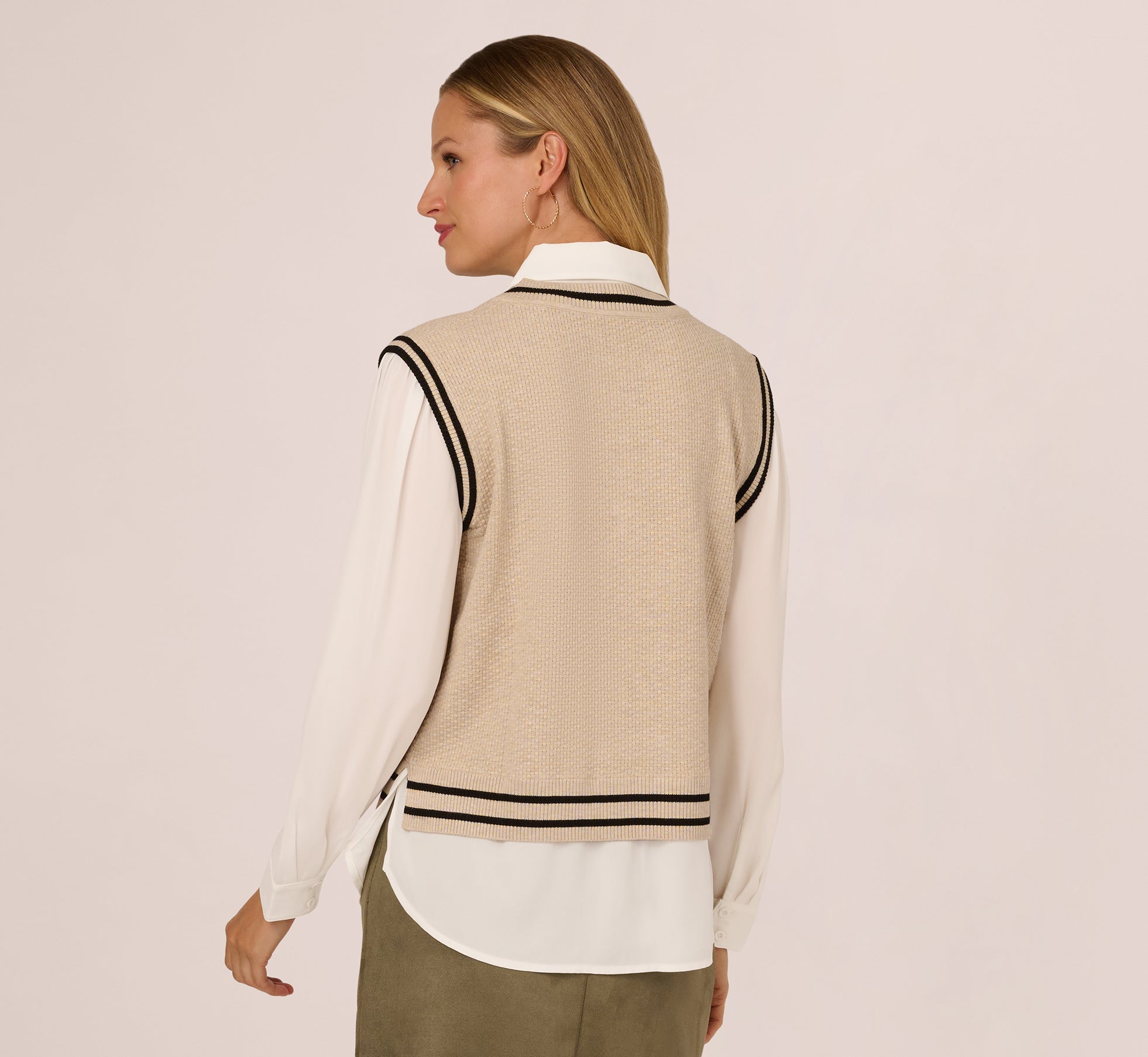 Long Sleeve Tie Neck Sweater Vest Twofer Top In Neutral Black