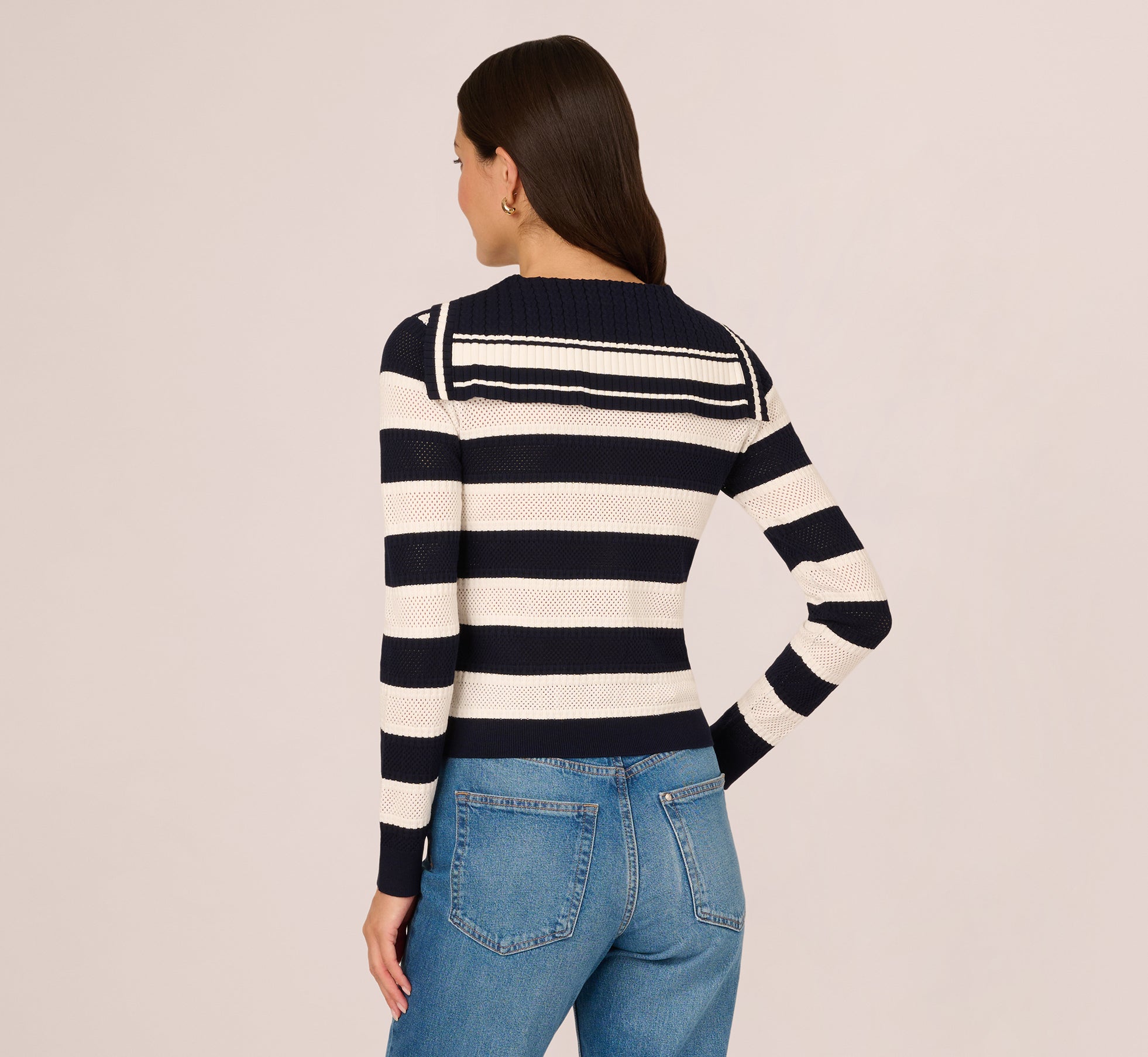 Striped Open Knit Sailor Collar Cardigan In Blue Moon Ivory