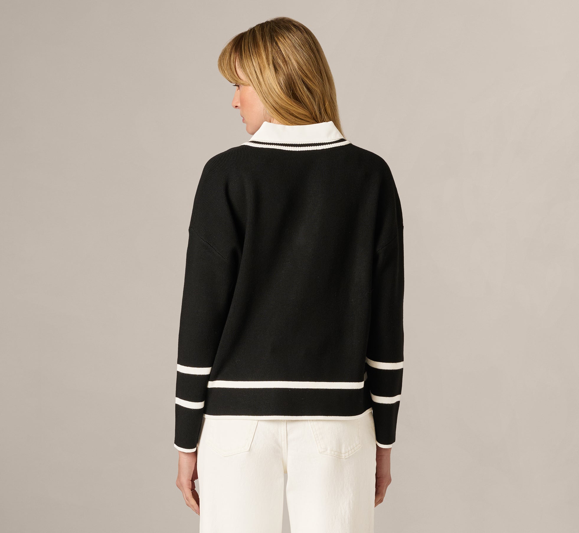 Long Sleeve Drop Shoulder Twofer Sweater In Black Ivory