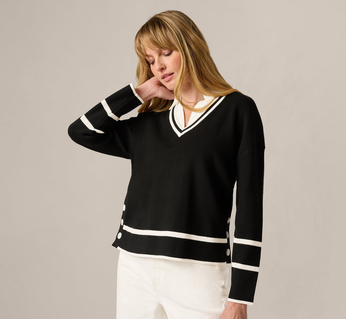 Long Sleeve Drop Shoulder Twofer Sweater In Black Ivory