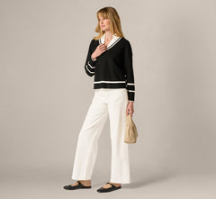 Long Sleeve Drop Shoulder Twofer Sweater In Black Ivory