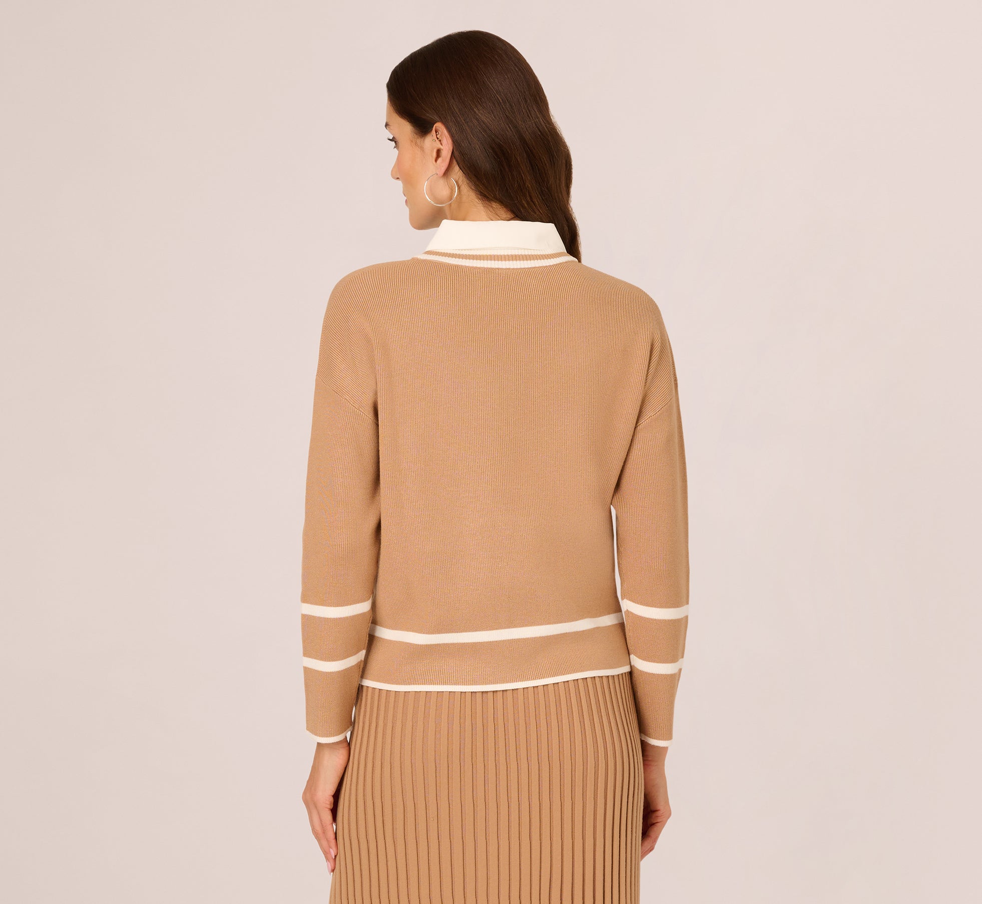 Long Sleeve Drop Shoulder Twofer Sweater In Golden Camel Ivory