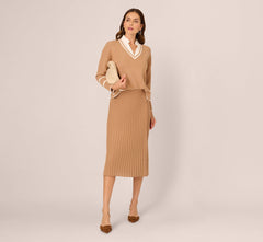 Long Sleeve Drop Shoulder Twofer Sweater In Golden Camel Ivory
