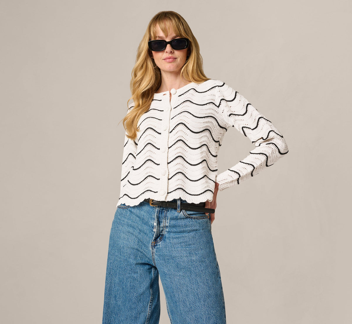 Open Pointelle Scalloped Cardigan Sweater In Glacier Black