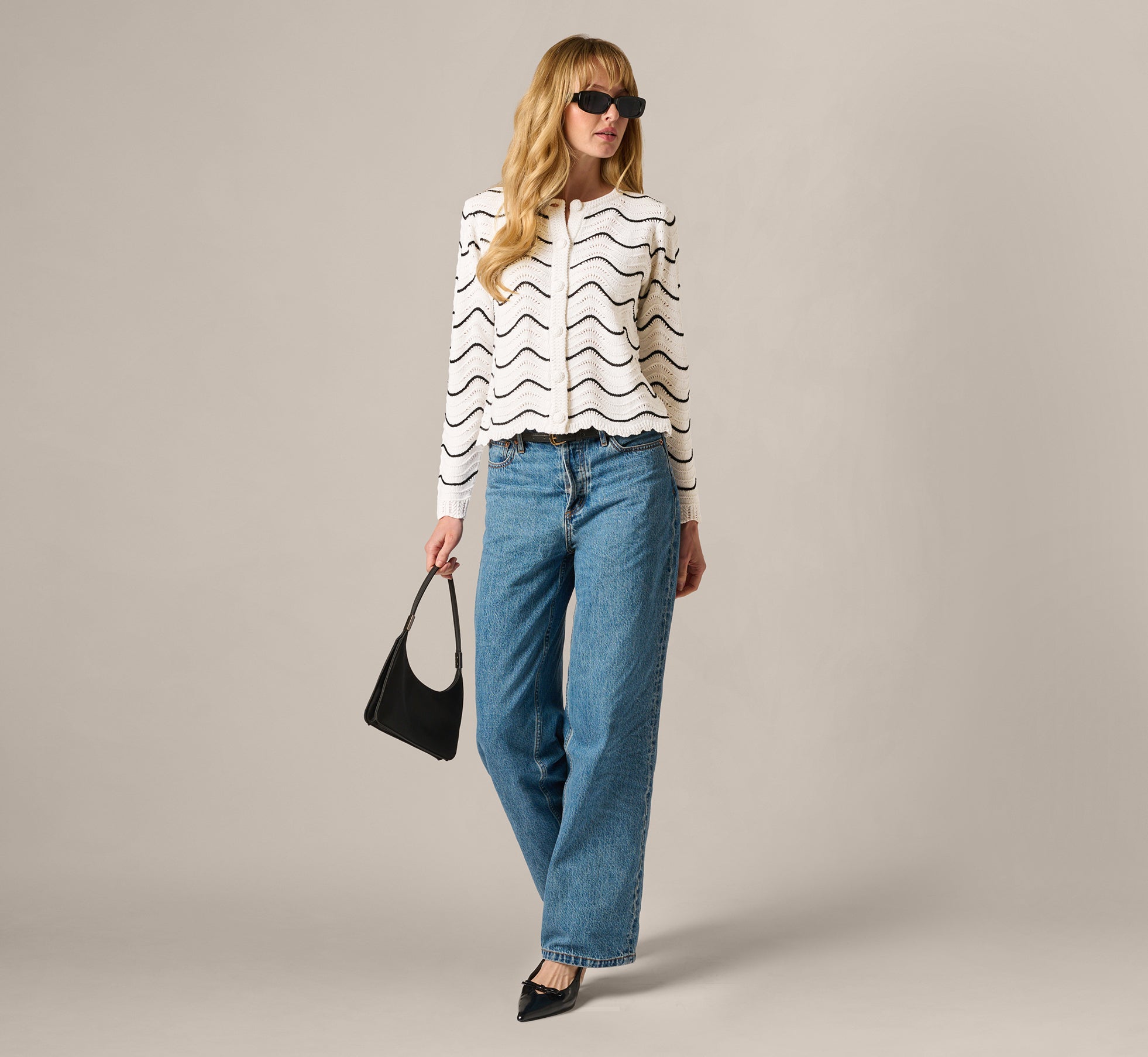 Open Pointelle Scalloped Cardigan Sweater In Glacier Black