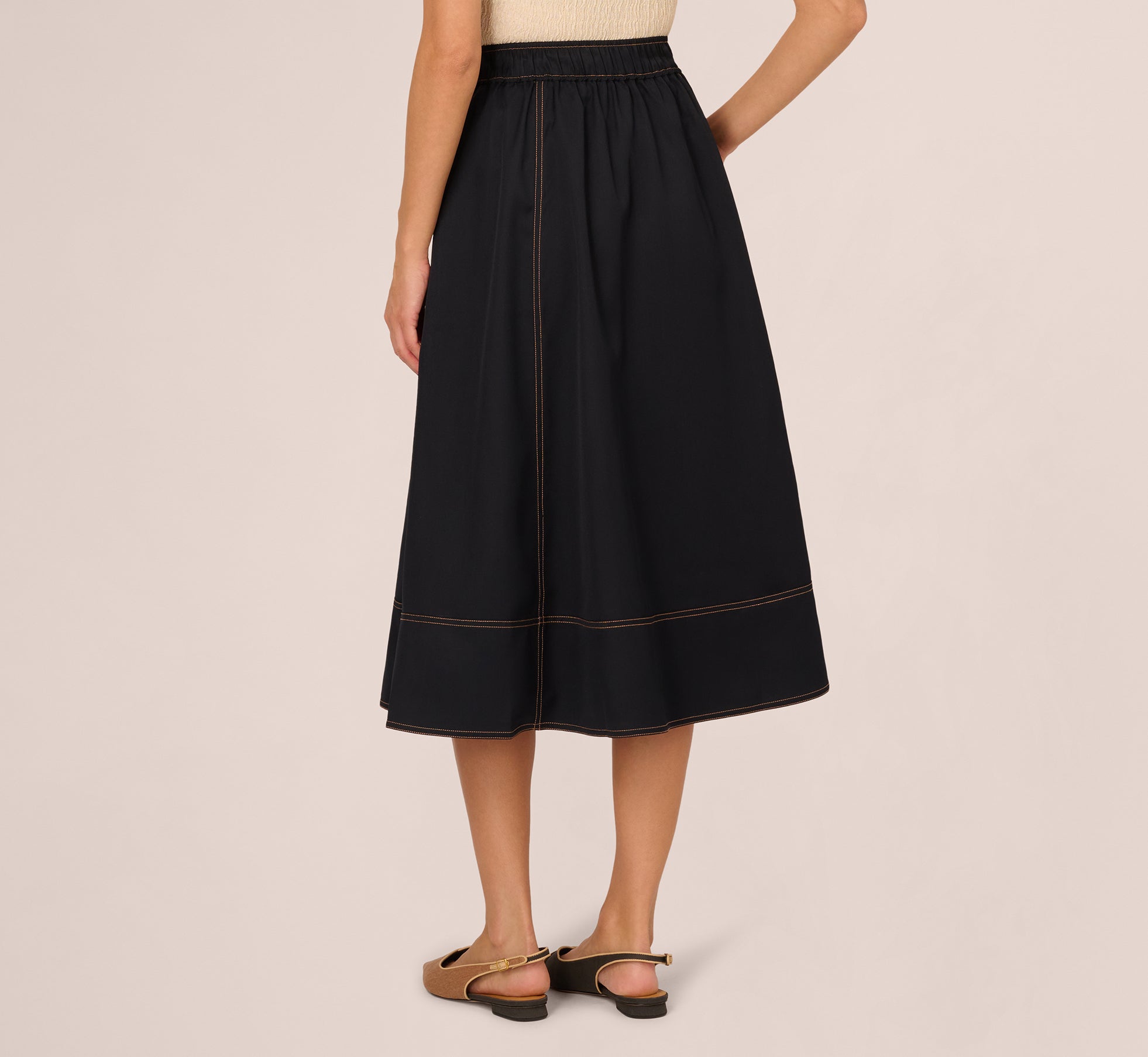 Contrast Stitching Drawstring Midi Skirt In Navy Khaki