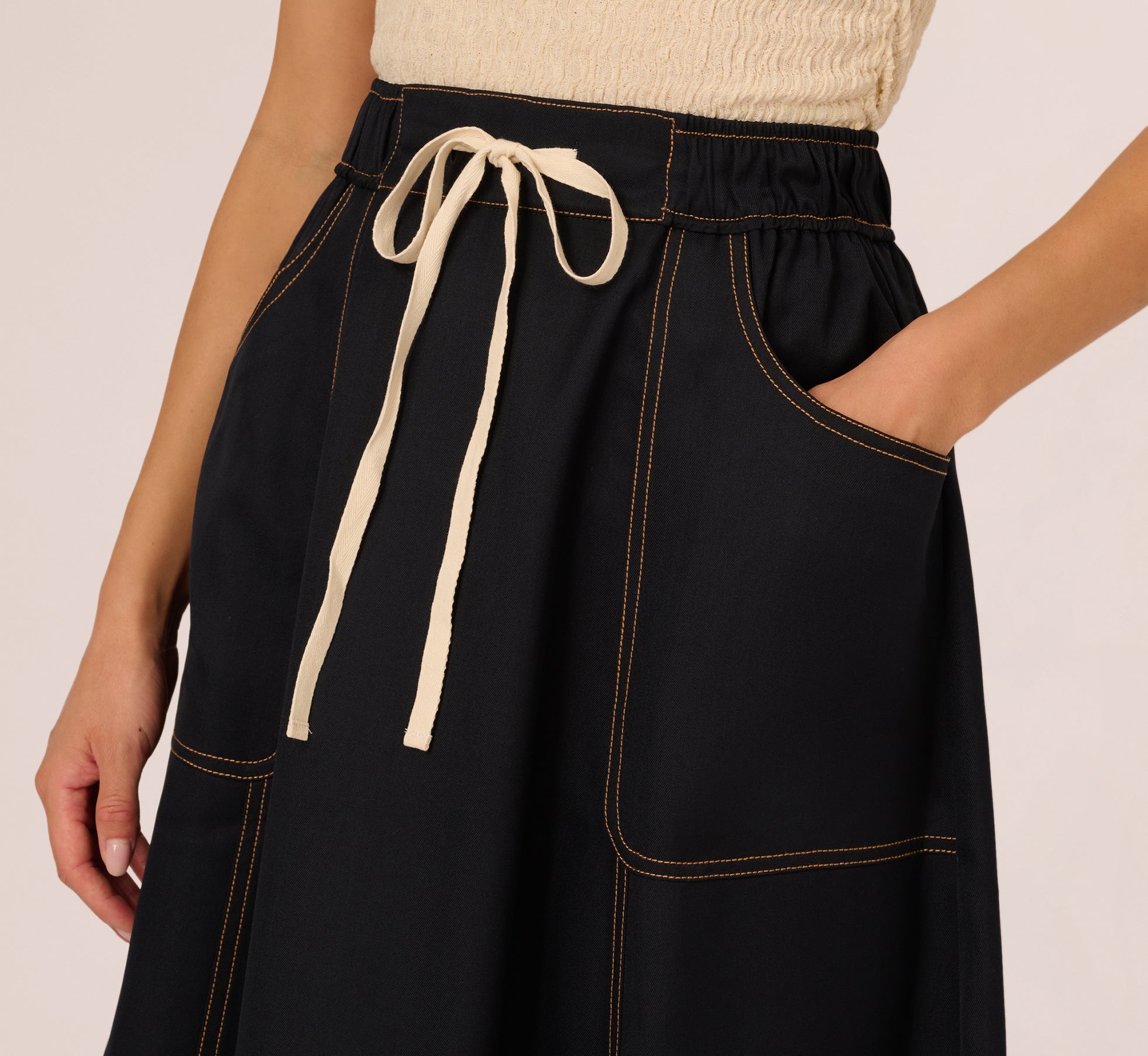 Contrast Stitching Drawstring Midi Skirt In Navy Khaki