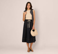 Contrast Stitching Drawstring Midi Skirt In Navy Khaki