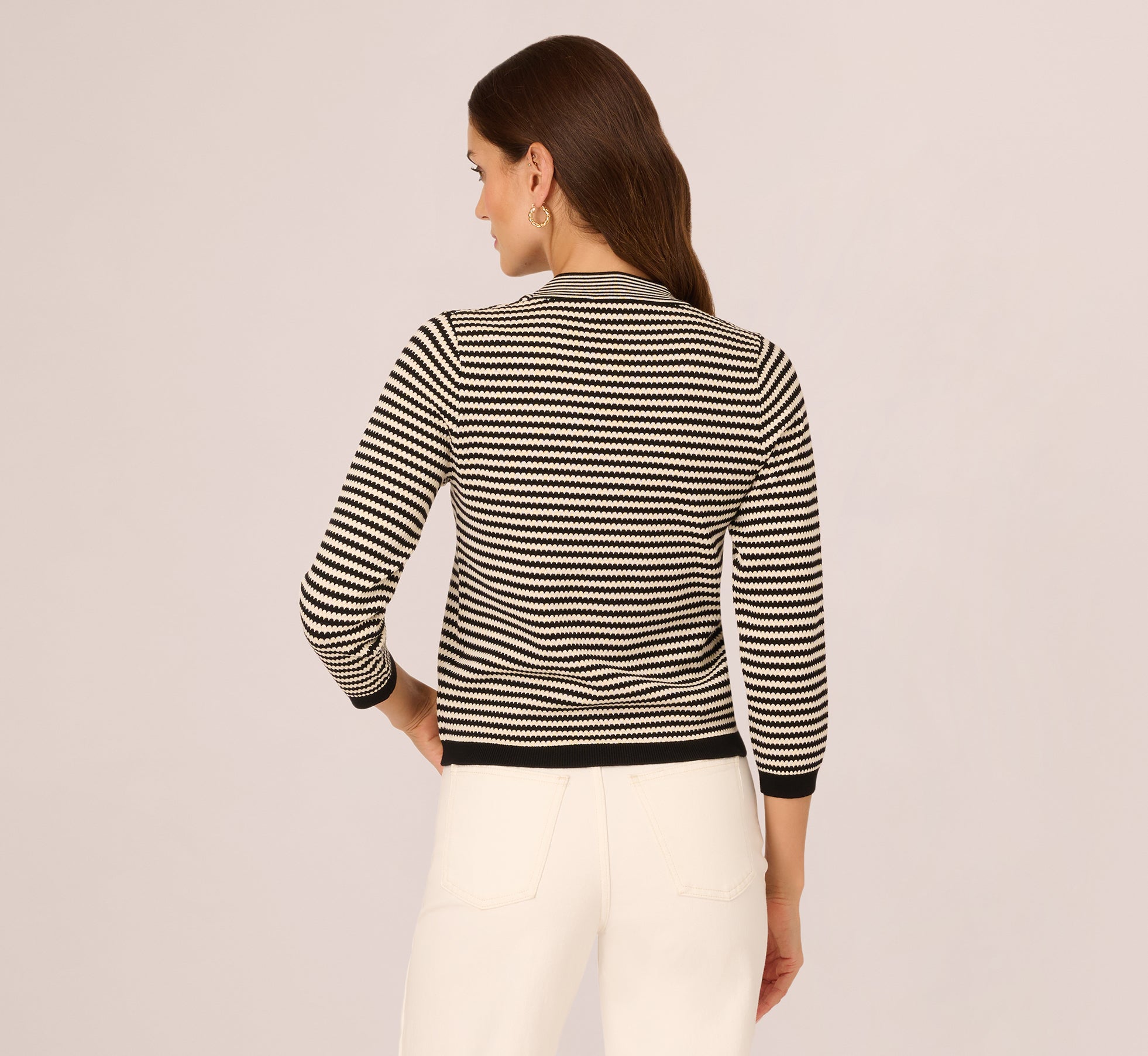 Three Quarter Sleeve Bow Pullover Sweater In Cream Black