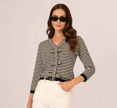 Three Quarter Sleeve Bow Pullover Sweater In Cream Black