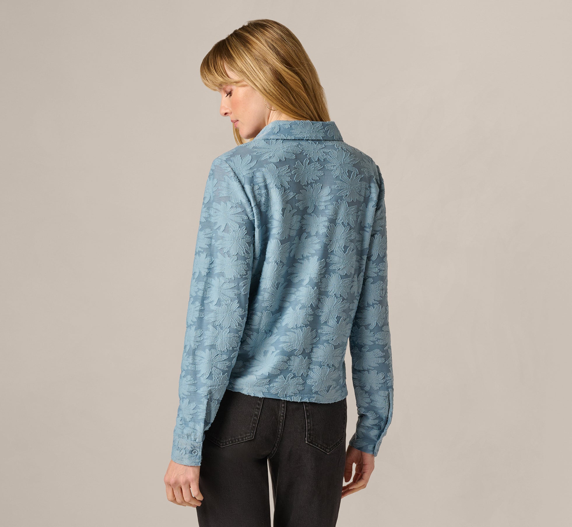 Long Sleeve Semisheer Burnout Floral Blouse In Stone Blue