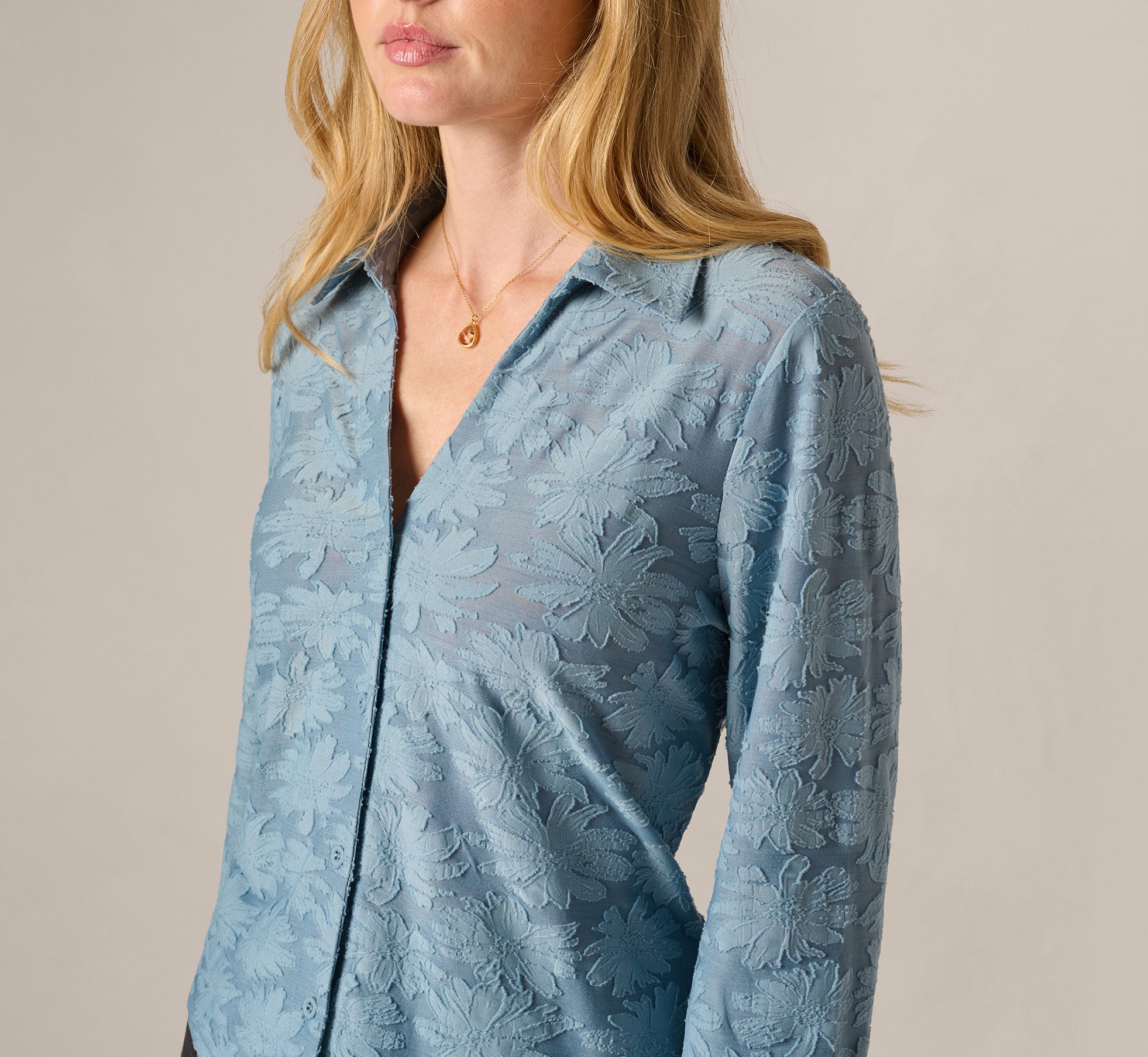 Long Sleeve Semisheer Burnout Floral Blouse In Stone Blue