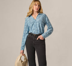 Long Sleeve Semisheer Burnout Floral Blouse In Stone Blue