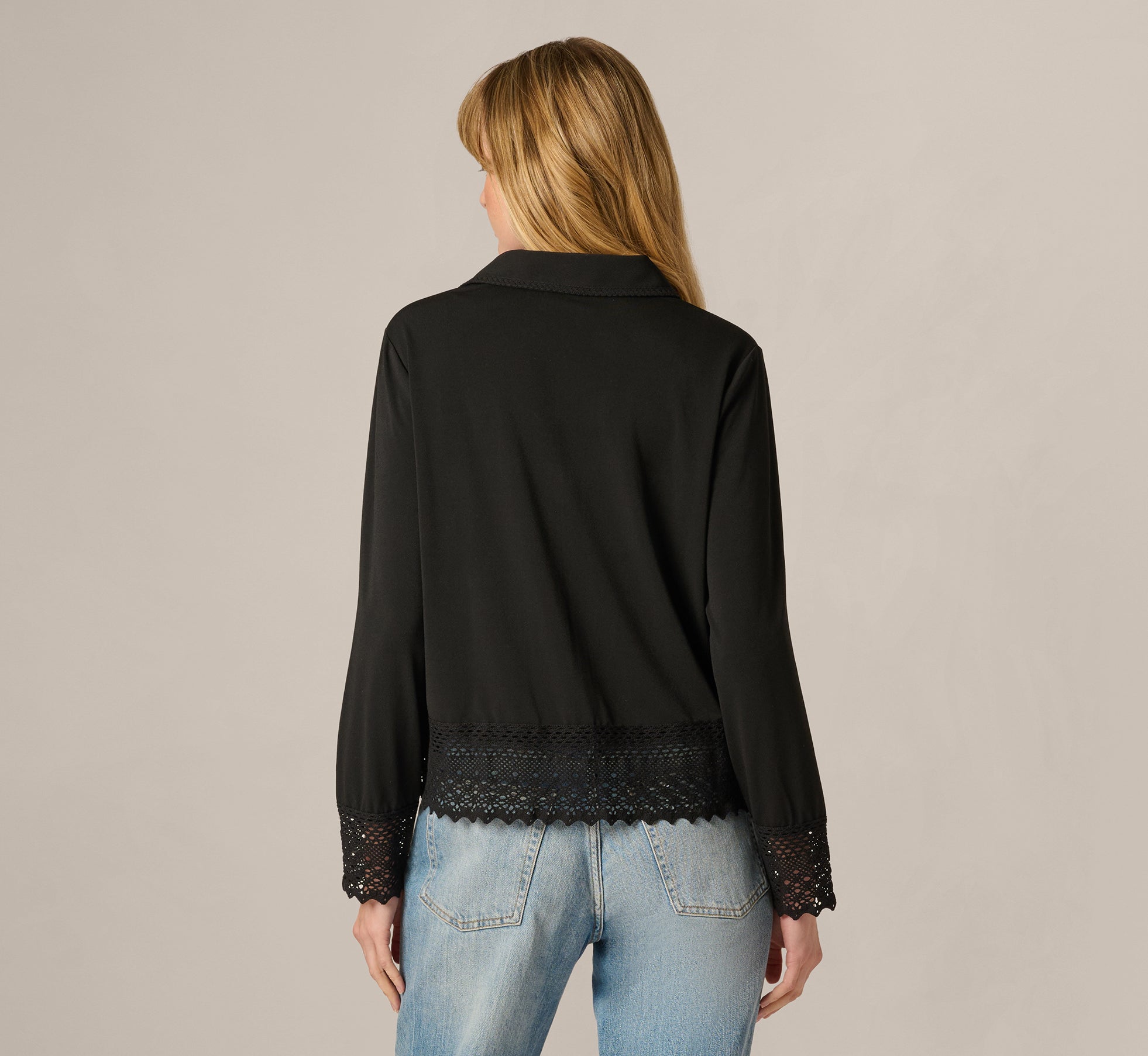 Long Sleeve Crochet Lace Collared Blouse In Black