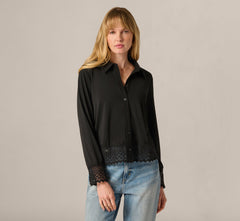 Long Sleeve Crochet Lace Collared Blouse In Black