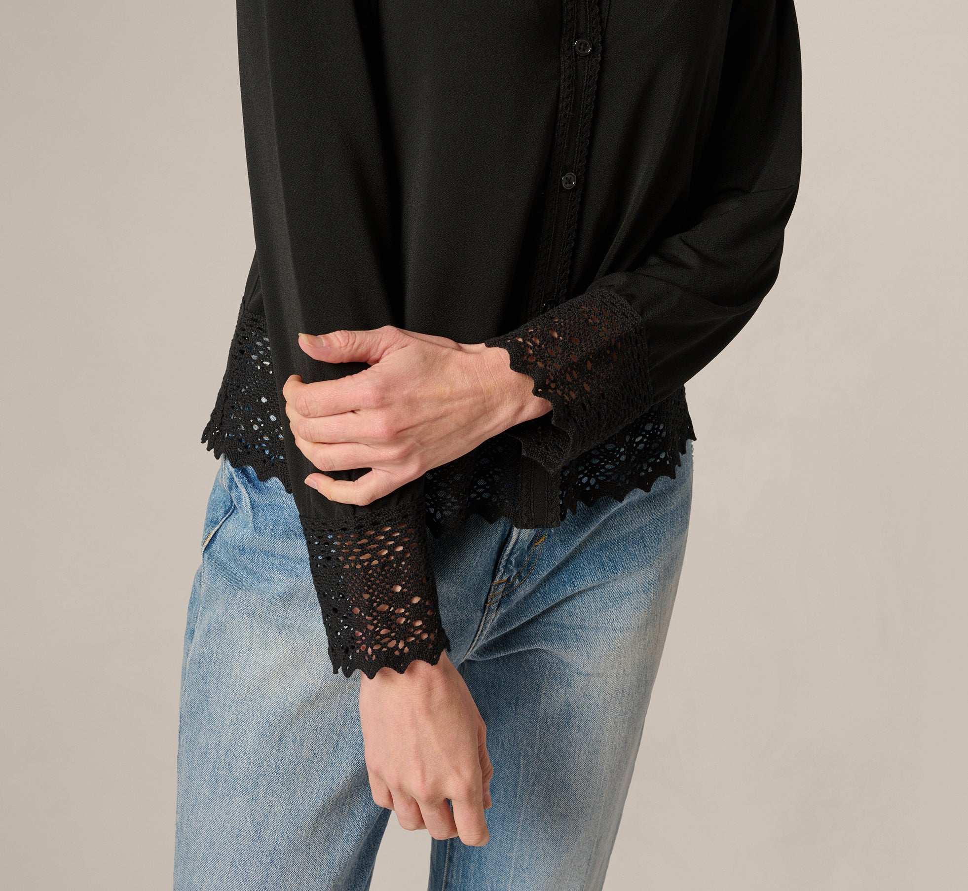 Long Sleeve Crochet Lace Collared Blouse In Black