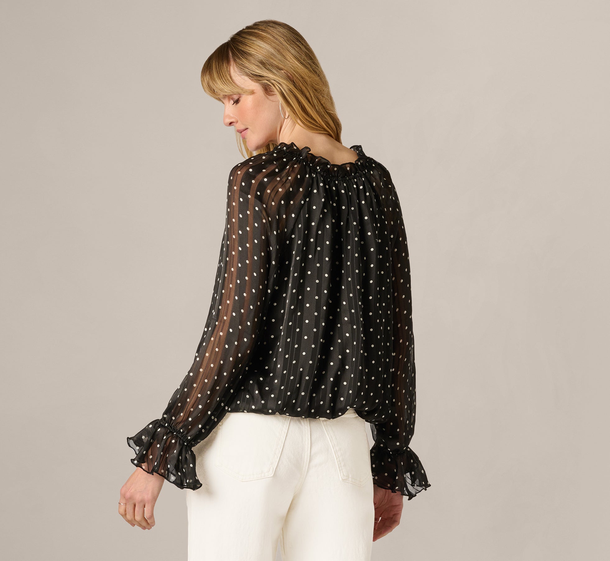 Long Sleeve Chiffon Ruffle Blouse In Black Cream Dot