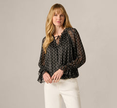 Long Sleeve Chiffon Ruffle Blouse In Black Cream Dot