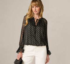 Long Sleeve Chiffon Ruffle Blouse In Black Cream Dot