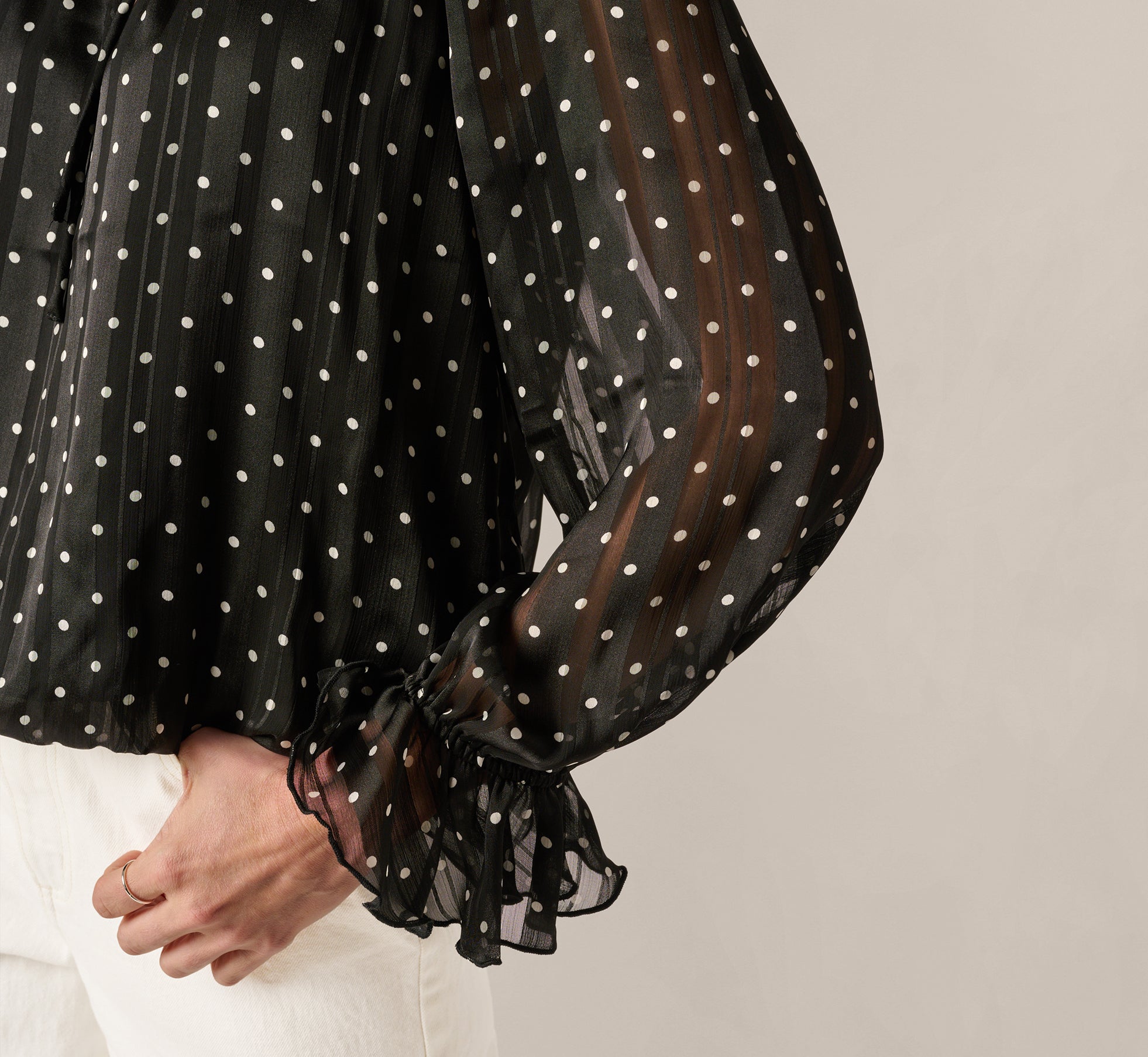Long Sleeve Chiffon Ruffle Blouse In Black Cream Dot