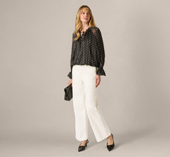 Long Sleeve Chiffon Ruffle Blouse In Black Cream Dot