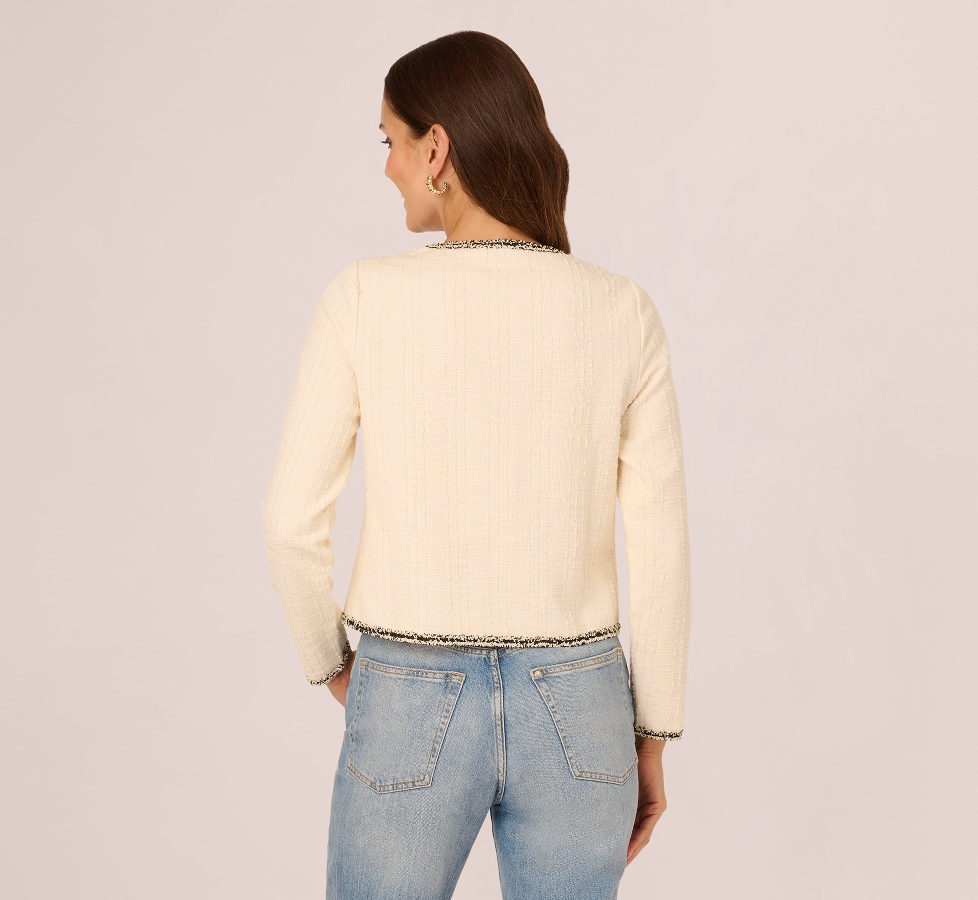 Fringe Trim Boucle Tweed Cardigan Jacket In Ivory Black