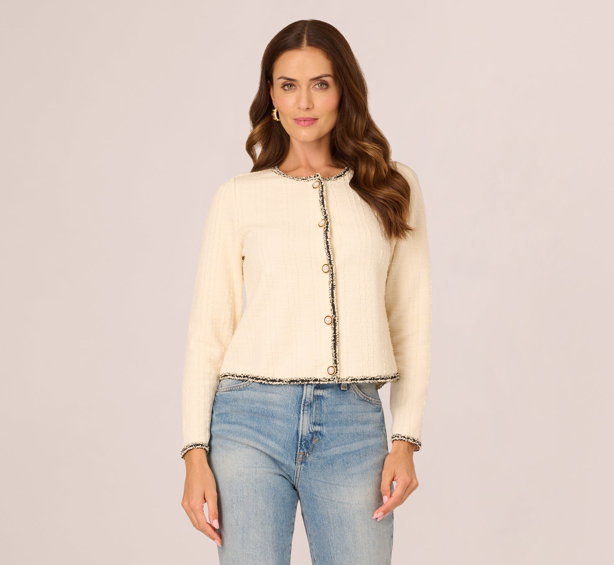 Fringe Trim Boucle Tweed Cardigan Jacket In Ivory Black