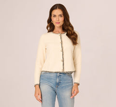 Fringe Trim Boucle Tweed Cardigan Jacket In Ivory Black