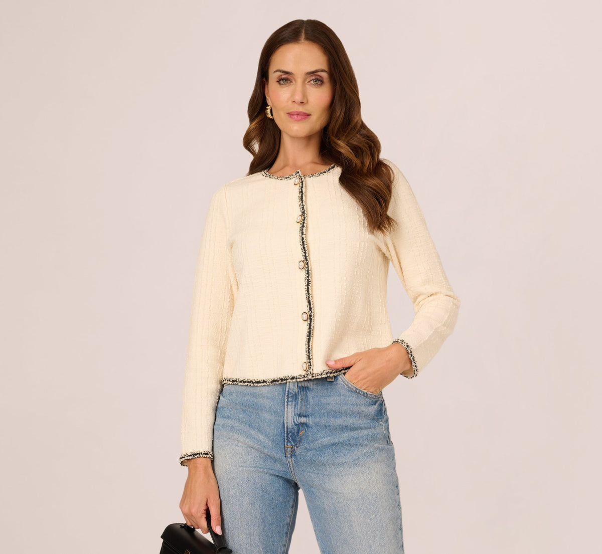 Fringe Trim Boucle Tweed Cardigan Jacket In Ivory Black