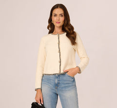 Fringe Trim Boucle Tweed Cardigan Jacket In Ivory Black