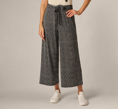Wide Leg Tie Belt Stretch Pant In Black Ripple Stripe