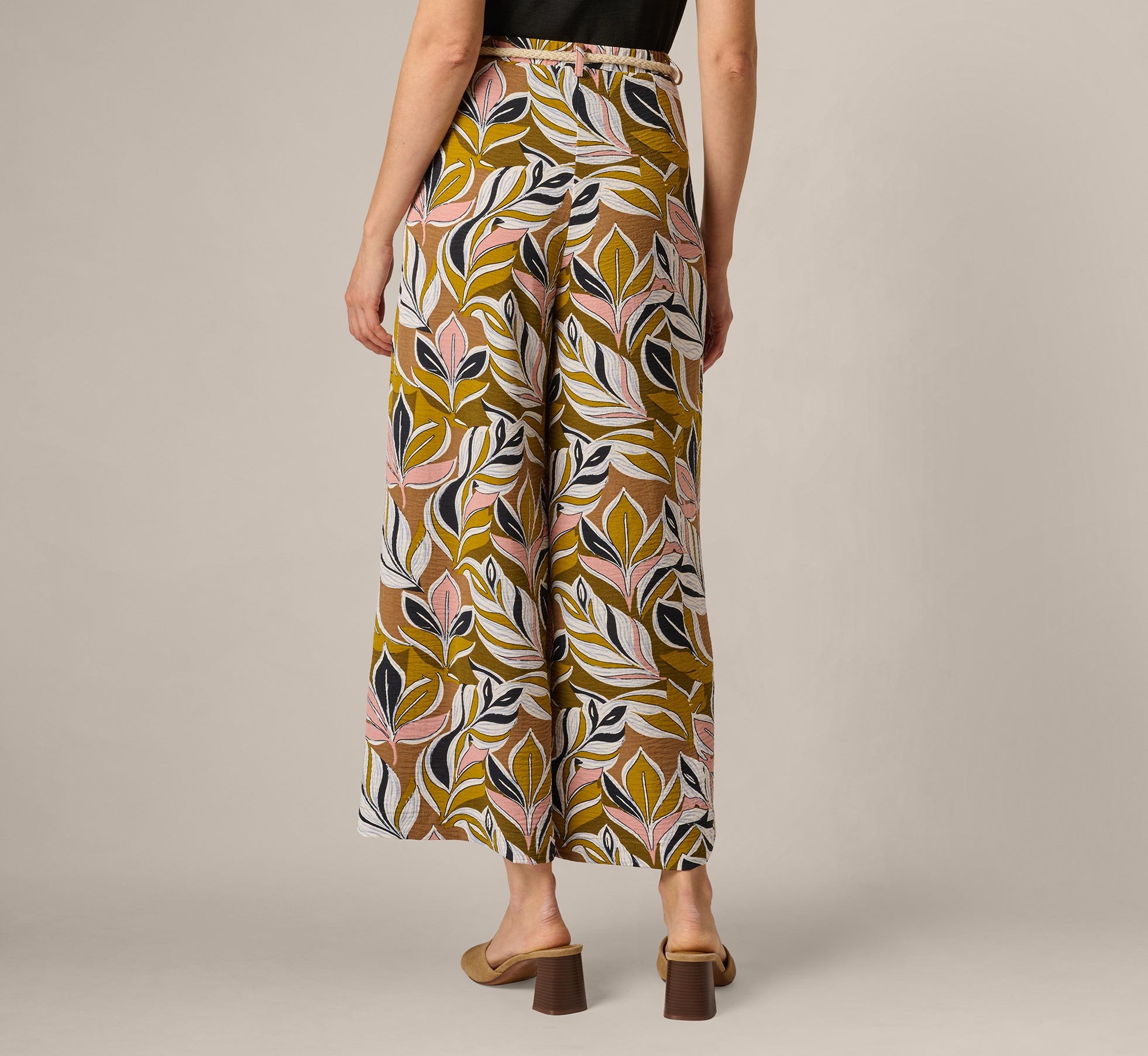 Wide Leg Rope Belt Pants In Amber Green Brushed Leaf