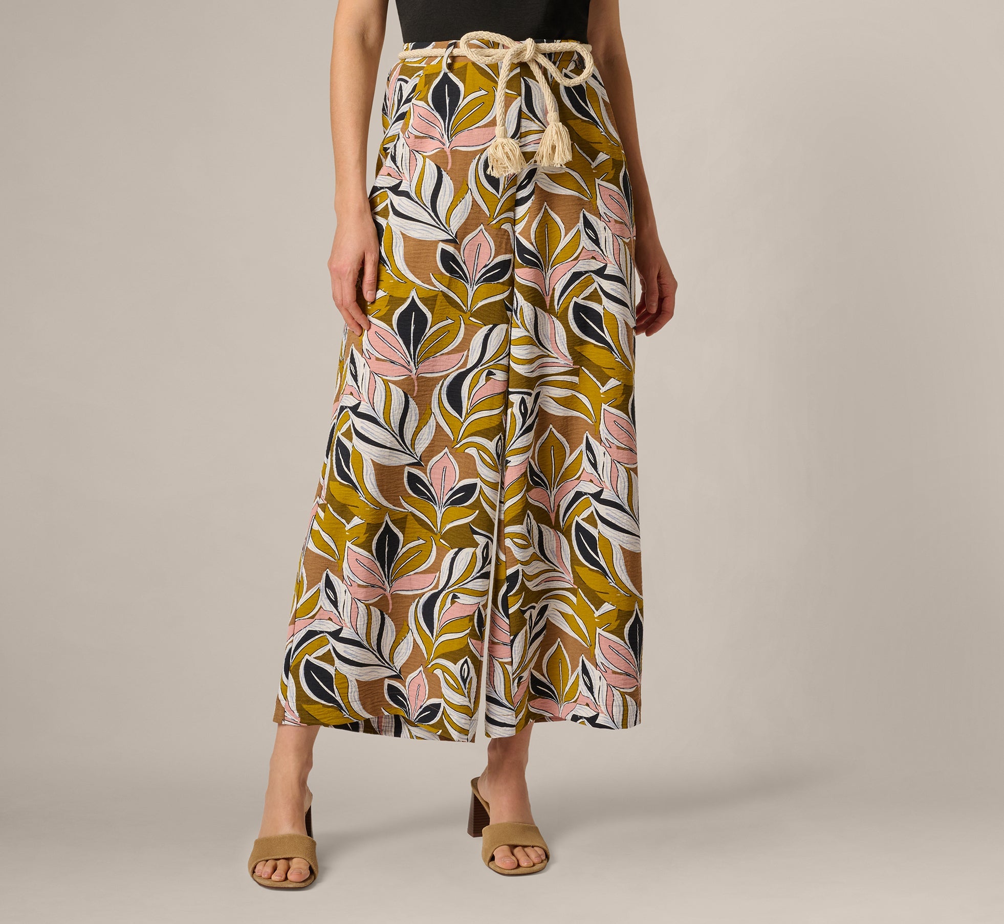 Wide Leg Rope Belt Pants In Amber Green Brushed Leaf